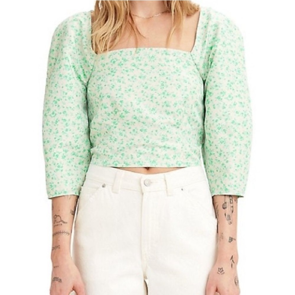 NWT Levi's Yvie Slim-Fit Floral Squareneck Crop Top in Electric Green - Size M